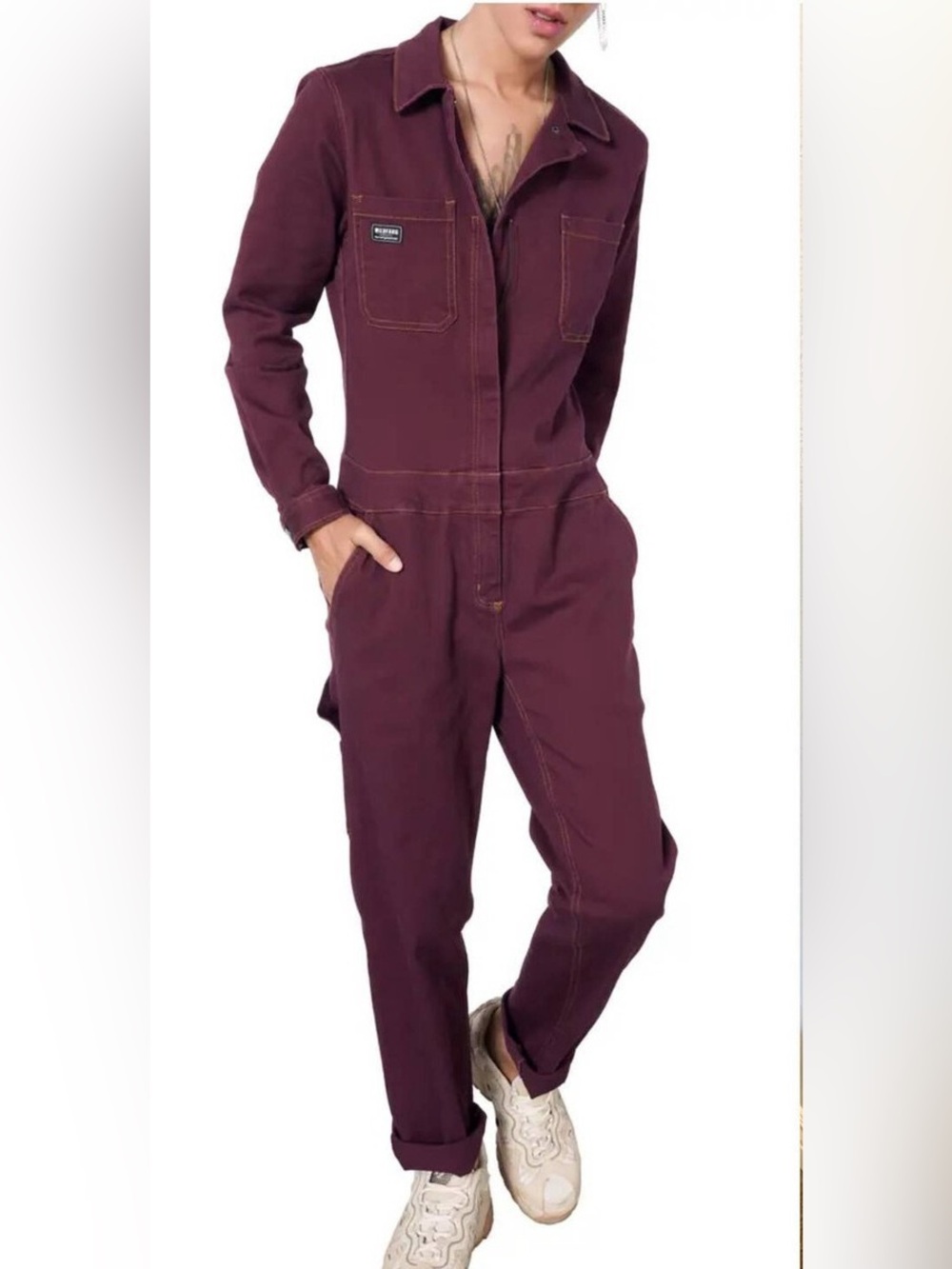 Wildfang The Essential High Waisted Coverall Merlot contrast stitching